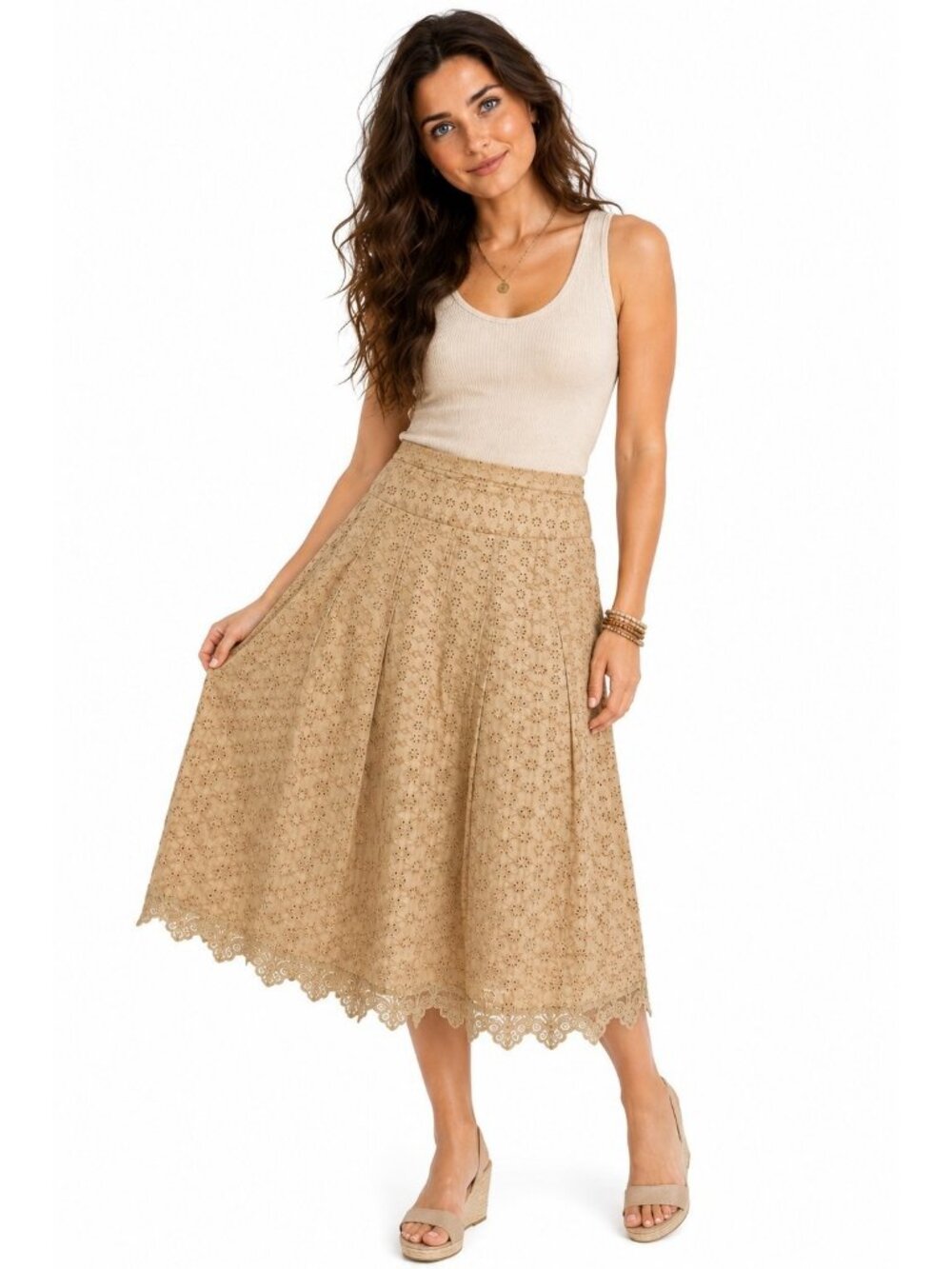 Hazel Womens Medium Eyelet Lace Midi Skirt Beige Boho Cottagecore Lined